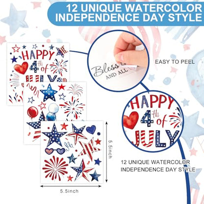 Whaline 12 Sheets Patriotic Rub on Transfer for Crafts Rub on Transfer Stickers Red Blue Star Heart Fireworks Furniture Decals for 250th Anniversary 4th of July Independence Day, 5.5 x 5.5 Inch