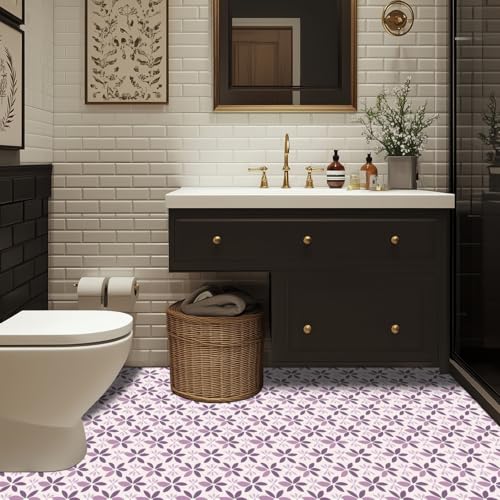 HOMETITUTE Purple Floral Petal Floor 12in Vinyl Tile - color: Purple