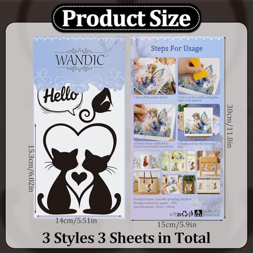 WANDIC 3 Sheets Rub On Transfer Stickers, Lovely Black Cartoon Cat Waterproof Decals Furniture Craft Junk Journals for DIY Scrapbooking, 15 * 30cm - color: Lovely Black Cat