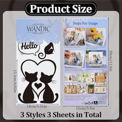 WANDIC 3 Sheets Rub On Transfer Stickers, Lovely Black Cartoon Cat Waterproof Decals Furniture Craft Junk Journals for DIY Scrapbooking, 15 * 30cm - color: Lovely Black Cat