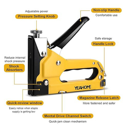 Upholstery Staple Gun Heavy Duty, YEAHOME 4-in-1 Stapler Gun with 4000 Staples, Manual Brad Nailer Power Adjustment Stapler Gun for Wood, Crafts, Carpentry, Decoration DIY - style: Yellow, 4-in-1 Staple Gun, with 4000 Staples