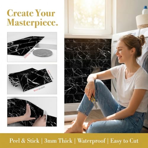32 Sheets Nero Marquina Black Marble Peel and Stick Tile 4"x8" - color: Nero Marquina Black Marble, size: 32 Pcs 4" x 8" x 0.07"