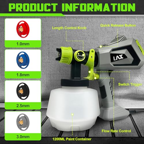 700W Paint Sprayer, Electric Paint Spray Gun with 1200ml Capacity Container, 4 Nozzle Sizes, Easy to Clean, Airless Paint Sprayer for House Painting, Cabinets, Decks, Walls, Doors, DIY Projects, etc.