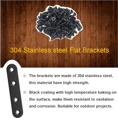 12Pcs Black Straight Brackets 3 Inch Stainless Steel Flat Brace Mending Plates, Sturdy Metal Repair Fixing Joining Brackets for Wood Furniture with Screws - size: 12 Pack