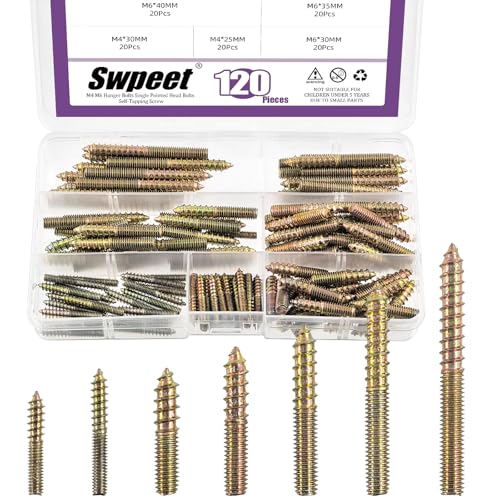 Swpeet 120Pcs 7 Sizes Color Zinc Hanger Bolts Assortment Kit, Double Headed Bolts, Self-Tapping Screw Hanger Bolts, Dowel Screw Bolts Threaded Rods Bolt Furniture Screws for Wood Furniture Joint - color: Single-Color