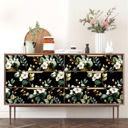 Black Green Dark Moody Floral Peel and Stick Wallpaper 17.5" x 393" - color: Black/Green/White, size: 17.5" x 393"