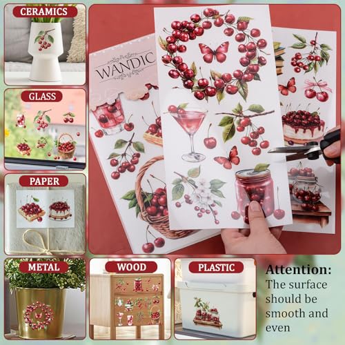 WANDIC 3 Sheets Cherry Rub On Transfers Fruit Scrapbook Stickers Cute Window Decals Waterproof Stickers Cup Wraps for DIY Furniture Photo Albums,15 * 30cm - color: Cherry