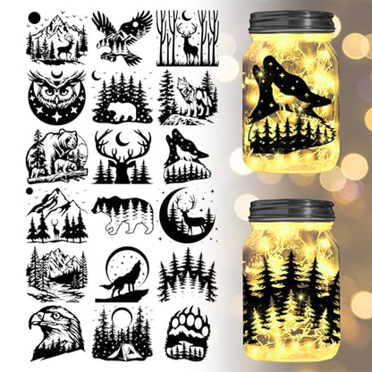 GLOBLELAND 18 Sheets Forest Animals Silhouette Transfer Stickers Decals Stickers Wolf Deer Bear Eagle Rub on Transfer for Mason Jars Furniture Vase Glass Decorations Art Crafts - style: Forest Animals