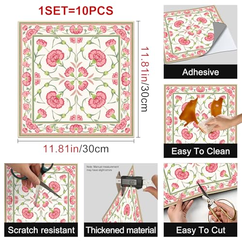 HOMETITUTE Pink Carnation Floral Peel Stick Floor Tile 12x12 Vinyl - color: Pink#5