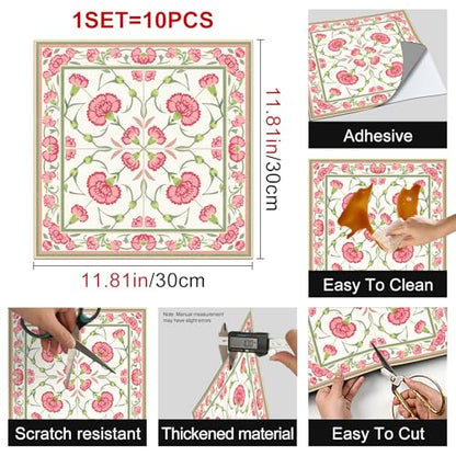 HOMETITUTE Pink Carnation Floral Peel Stick Floor Tile 12x12 Vinyl - color: Pink#5