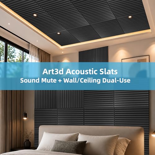Art3d 6-Pack Acoustic Wood Slat Panel & Ceiling Tile, 2 x 2 ft, Blackwood - color: Blackwood, size: 24 x 24 inch