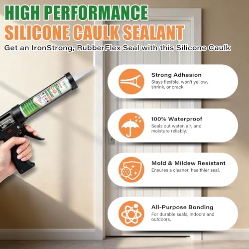 SHIELDOM Silicone Caulk White Silicone Sealant 100% Waterproof All Purpose Caulk & Seal with Caulking Tool Stronger Adhesion Shrink & Crack Proof for Kitchen, Window, Bath, Marine, Door 14oz/400ml - color: White