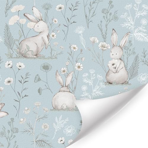 HLNIUC Boho Bunny Peel and Stick Wallpaper 17”x118”Rabbit Floral Self Adhesive Contact Paper,Easter Botanical Wallpaper,Wildflower and Plant Leaf Art Paper,Rabbit Ferns Nursery Wall Mural for Bedroom - color: Bunny