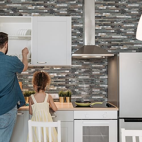 Midcard 10 Sheet Peel and Stick Backsplash Tile, Stick on Tiles for Backsplash Kitchen, Bathroom, Laundry Room, Camper, Fireplace. - color: 20Trapezoidal Dented Wood with Metallic Silver