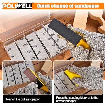 POLIWELL 120Pcs Micro Detail Sandpaper Kit with 3.5”×1” Hand Sanding Block - size: 80-600Grit