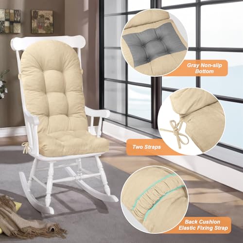 Rocking Chair Cushion - Chenille Fabric, High-Density Sponge, Durable Comfort Non-Slip Bottom Tufted Seat Pads with Ties, Chenille︱Ivory, 44x19x4 inch - color: Ivory