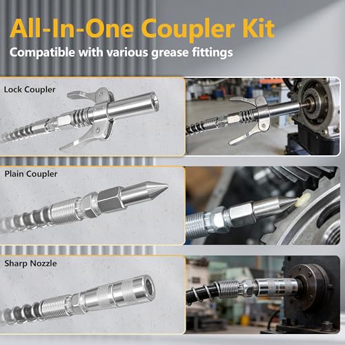 8PCS Grease Gun Tips Kit, Quick Lock Coupler, 90° Adapter, Needle & Nozzles