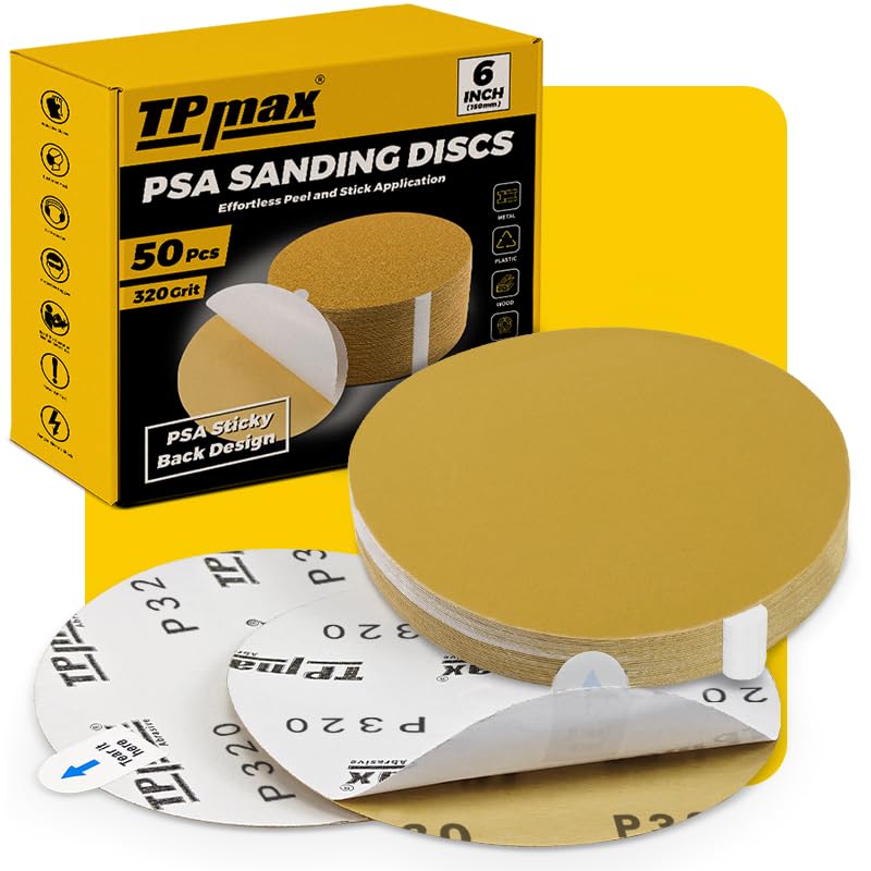 TPmax 6-Inch 320-Grit Gold PSA Sanding Discs, 50 Pack – Pro-Grade Self-Adhesive Stickyback Sandpaper with Quick-Release Tabs for DA Sander, Ultra-Fine Automotive/Wood/Metal Sanding - style: 320 Grit