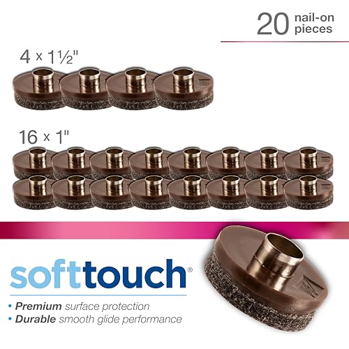 SoftTouch 1" & 1.5" Round Nail-On Felt Furniture Sliders, Protective Heavy-Duty Felt Pads for Wood Furniture and Hard Surfaces, 20-Count, Brown