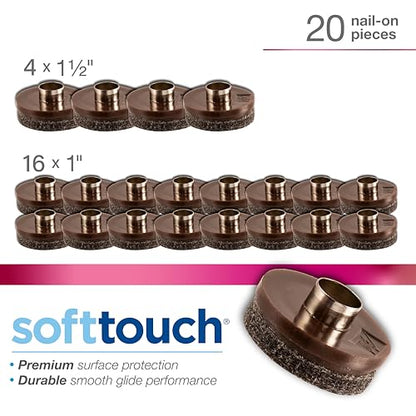 SoftTouch 1" & 1.5" Round Nail-On Felt Furniture Sliders, Protective Heavy-Duty Felt Pads for Wood Furniture and Hard Surfaces, 20-Count, Brown