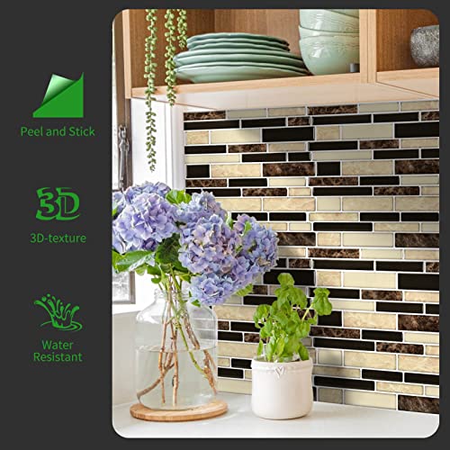 LONGKING 10-Sheet Brown Peel and Stick Backsplash Tile for Kitchen, Vinyl 3D Self-Adhesive Tile Stickers for Kitchen, Bathroom, Counter Top - color: Tan