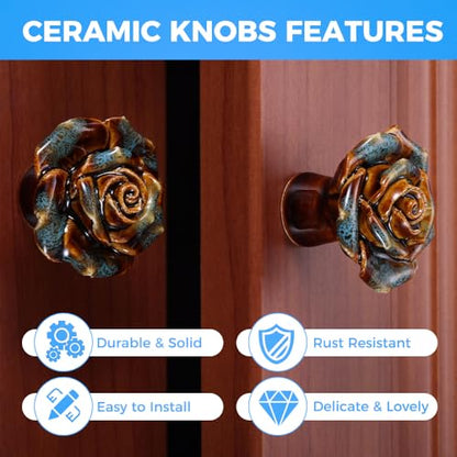 Yetaha 6 Pack Blue Retro Floral Ceramic Knobs Single Hole with Screws - color: Blue