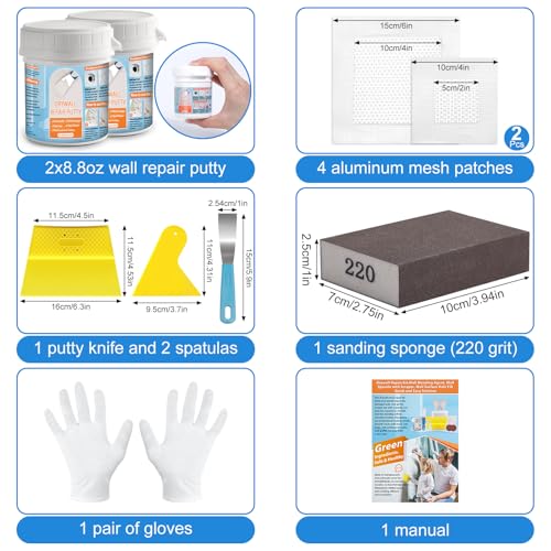 Dry Wall Patch Kits, Aluminum Spackle Wall Repair Patch Kit Fiber Mesh Plate with Scraper, 8.8oz X 2 White Repair Putty Drywall Hole Filler to Fix Wall Surface Holes, Quick Repair Creak Damage - color: 2 X 8.8oz White Wall Repair Putty Patch Kit