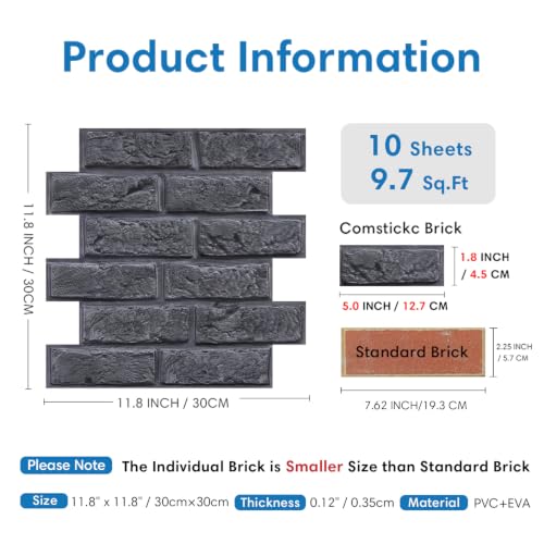 COMSTICKC 3D Faux Brick Wall Panels Peel and Stick, 10 Pcs 11.8" x 11.8" - color: Dark Gray