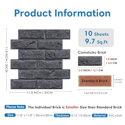 COMSTICKC 3D Faux Brick Wall Panels Peel and Stick, 10 Pcs 11.8" x 11.8" - color: Dark Gray