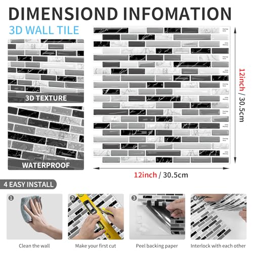 URCOLOR 10-Sheet Peel and Stick Backsplash Tile for Kitchen - 12”×12” Stick on Wall Tile for Bathroom, Black White Grey - color: Black White Grey