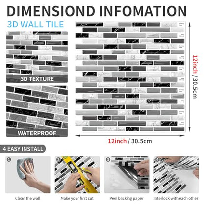 URCOLOR 10-Sheet Peel and Stick Backsplash Tile for Kitchen - 12”×12” Stick on Wall Tile for Bathroom, Black White Grey - color: Black White Grey