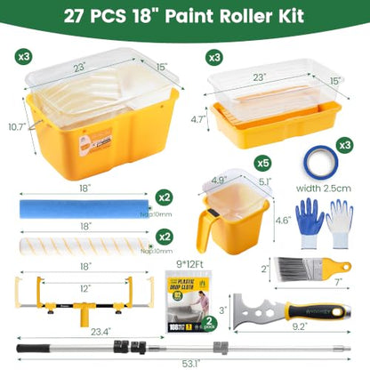 VOOMEY Professional 18 Inch Paint Roller Kit with 1.9-4.4 FT Extension Pole - size: 27pc with 1.9-4.4 FT Adjustable Extension Pole