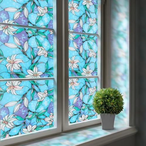 rabbitgoo Stained Glass Window Privacy Film, Blue Lily, 17.5" X 78.7" - color: Blue Lily, size: 17.5" x 78.7"