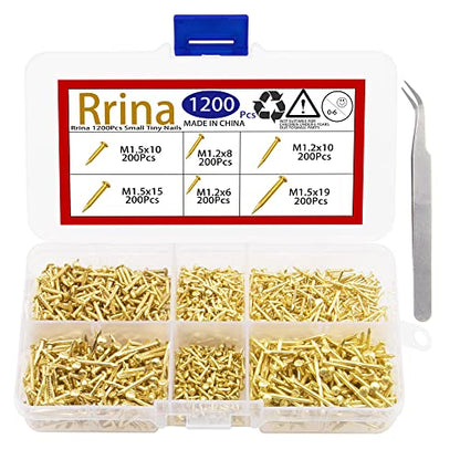 1200Pcs Small Tiny Nails Carbon Steel Brass Plated for Wooden DIY Micro Mini Nails M1.2/1.5 Assortment Kit 6 Sizes