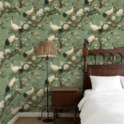 Chinoiserie Botanical Wallpaper, Crane Floral Peel and Stick Wallpaper - color: ML-M090, size: 17.7" x 236"