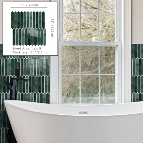 10 Sheet Long Hexagon Peel and Stick Backsplash Tile, 12"x12" 3D Adhesive Glossy Marble Vinyl Stick on Wall Tiles for Bathroom, Kitchen, Living Room (DarkGreen, 12" x 12") - color: Darkgreen