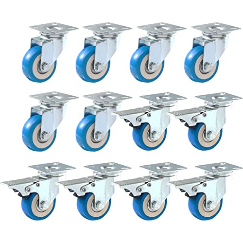 12 Pack Caster Swivel Plate On Blue Polyurethane Wheels PU(6 pc no Brake + 6 pc w/Brake) - size: Combo - 6 No brake & 6 With Brake