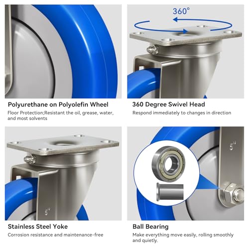 5" Stainless Steel Casters, Swivel Industrial Casters Set of 4 Heavy Duty, Anti-Corrosion Rust-Proof Plate Polyurethane Caster Wheels for Cart (2 Swivel& 2 Rigid) - style: 2 Swivel&2 Rigid