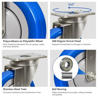 5" Stainless Steel Casters, Swivel Industrial Casters Set of 4 Heavy Duty, Anti-Corrosion Rust-Proof Plate Polyurethane Caster Wheels for Cart (2 Swivel& 2 Rigid) - style: 2 Swivel&2 Rigid