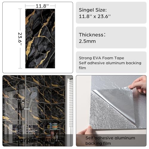 Marble Peel and Stick Backsplash 23.6 x11.8 in, 10PCS - color: Black Stone Gilding