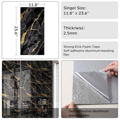 Marble Peel and Stick Backsplash 23.6 x11.8 in, 10PCS - color: Black Stone Gilding