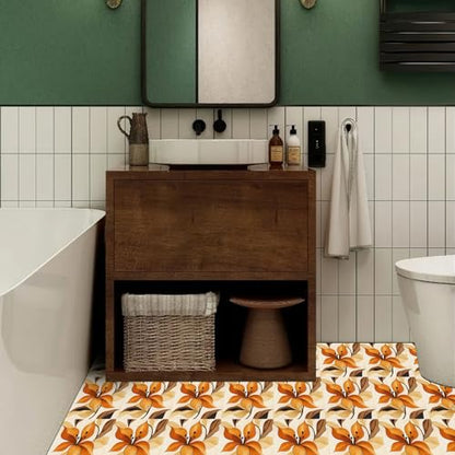 HOMETITUTE Orange Lily Flower Peel Stick Vinyl Floor Tile 12x12 Inch - style: Orange Floral