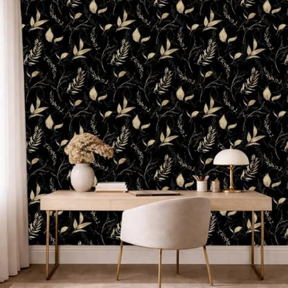 Dark Black and Gold Leaf Peel and Stick Wallpaper 17.7" x 124" - color: Black&Gold, size: 17.7" x 124"