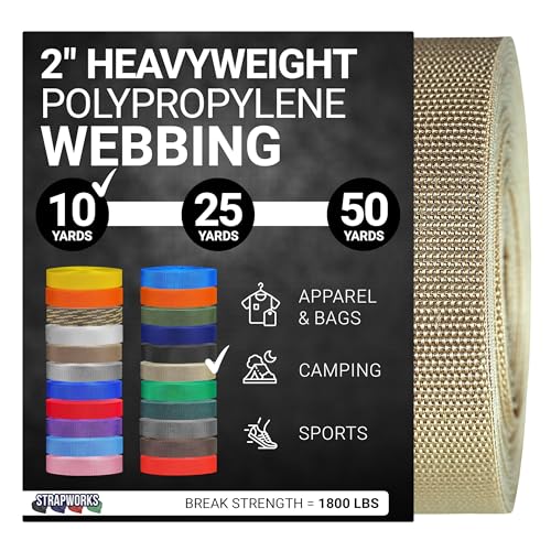 Strapworks Heavyweight Polypropylene Webbing - Heavy Duty Poly Strapping for Outdoor DIY Gear Repair, 2 Inch by 10, 25, or 50 Yards, Over 20 Colors