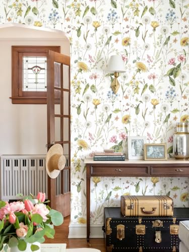 Jeweluck Floral Peel and Stick Wallpaper Wildflower Leaf 16.9" x 196.8" - size: 16.9" x 196.8"