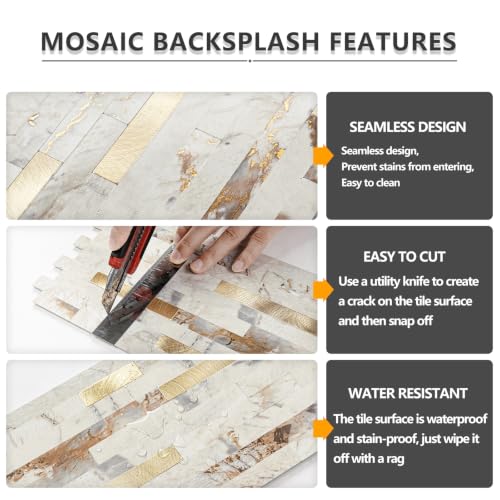 STICKGOO 20 Sheets Peel and Stick Backsplash Tile, Stick on Backsplash for Kitchen and Bathroom, Pandora Marble Look PVC Mixed Metal Gold Self Adhesive Wall Tiles - color: Pandora Marble + Metal Gold