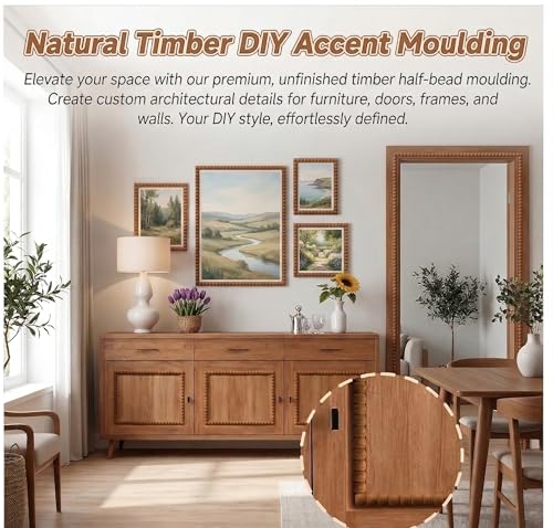 25 Pcs 15.75 Inch Unfinished Half Wood Bead Trim, 393.7 Inch Total Length, 18mm Wide 3D Pearl Molding Includes a 1.5M Tape Measure for DIY Home Wall Cabinet Shelf Window Door Decoration