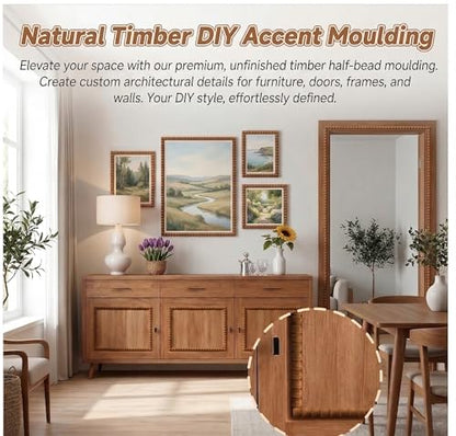 25 Pcs 15.75 Inch Unfinished Half Wood Bead Trim, 393.7 Inch Total Length, 18mm Wide 3D Pearl Molding Includes a 1.5M Tape Measure for DIY Home Wall Cabinet Shelf Window Door Decoration