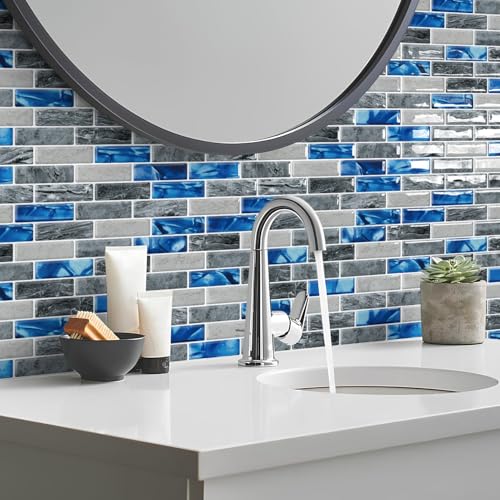 DEWOO Peel and Stick Backsplash 3D Self Adhesive Wall Tile Blue 10 Sheet - color: Marble Blue