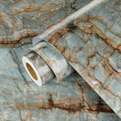 Wallercity Matte Blue/Brown Marble Contact Paper for Table Top Peel and Stick Countertops Granite Wallpaper for Bathroom Kitchen Backsplash Thick Marble Wallpapers for Cabinets Cupboards 15.8''x236'' - size: 15.8" x 236"